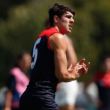 AFL 2017 JLT Community Series - Melbourne v Carlton MELBOURNE, AUSTRALIA - FEBRUARY 25: Christian Petracca of the Demons celebrates a goal during the AFL 2017 JLT Community Series match between the Melbourne Demons and the Carlton Blues at Casey Fields on February 25, 2017 in Melbourne, Australia. (Photo by Michael Willson/AFL Media)